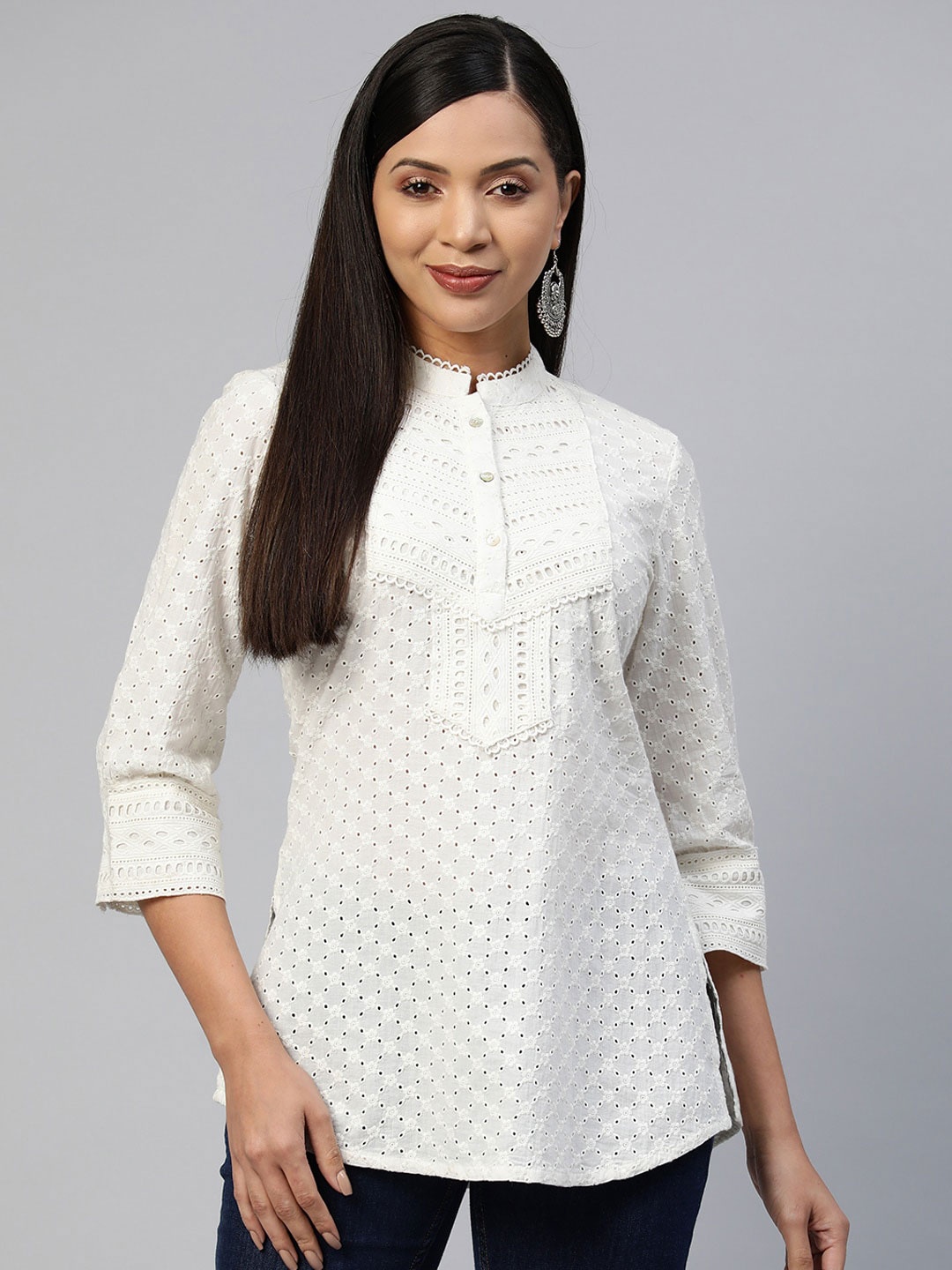 

Nayam By Lakshita Embroidered Mandarin Collar Cotton Schiffli Tunic, Cream