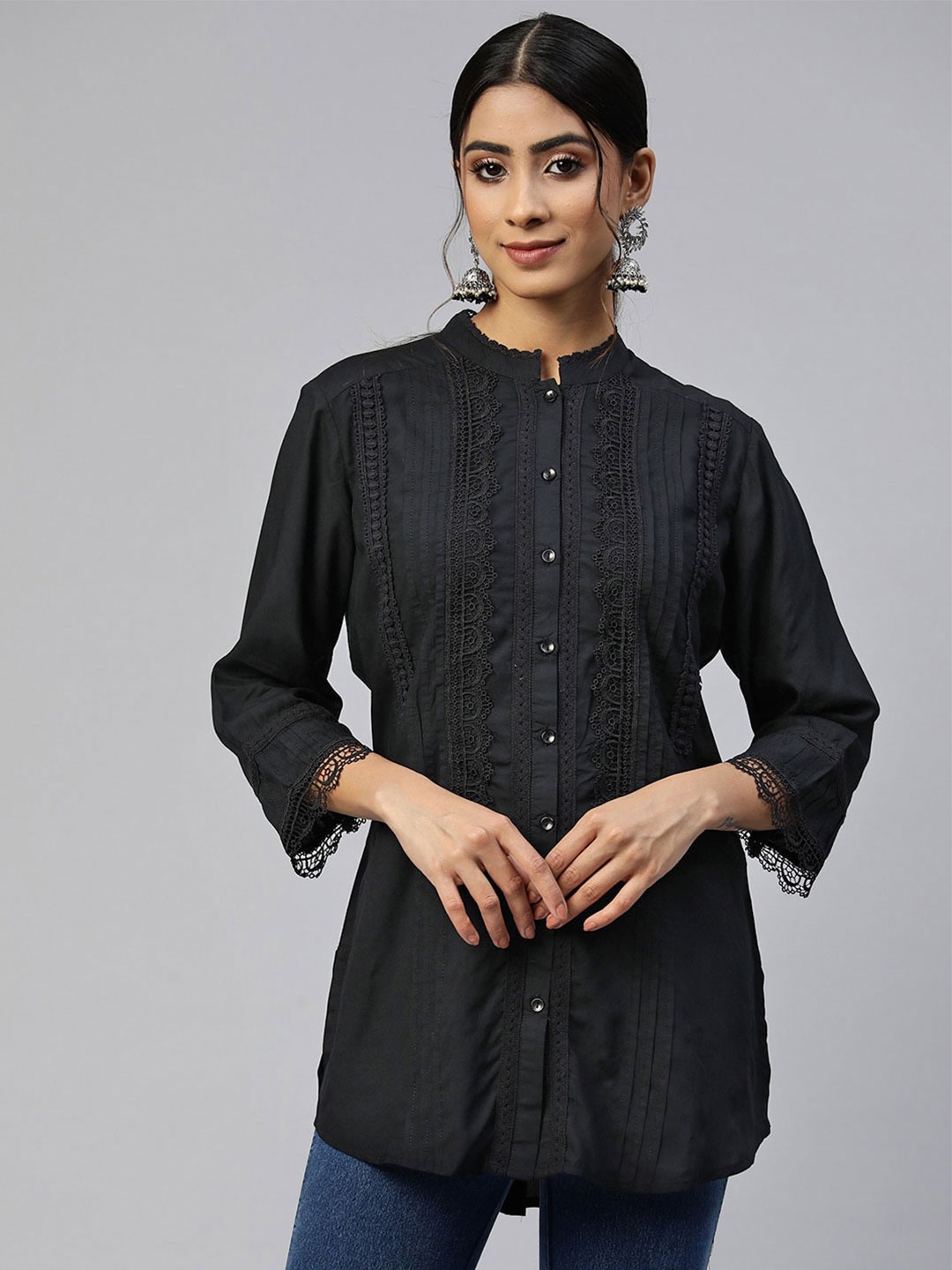 

Nayam By Lakshita Comfort Mandarin Collar Lace Up Casual Shirt, Black