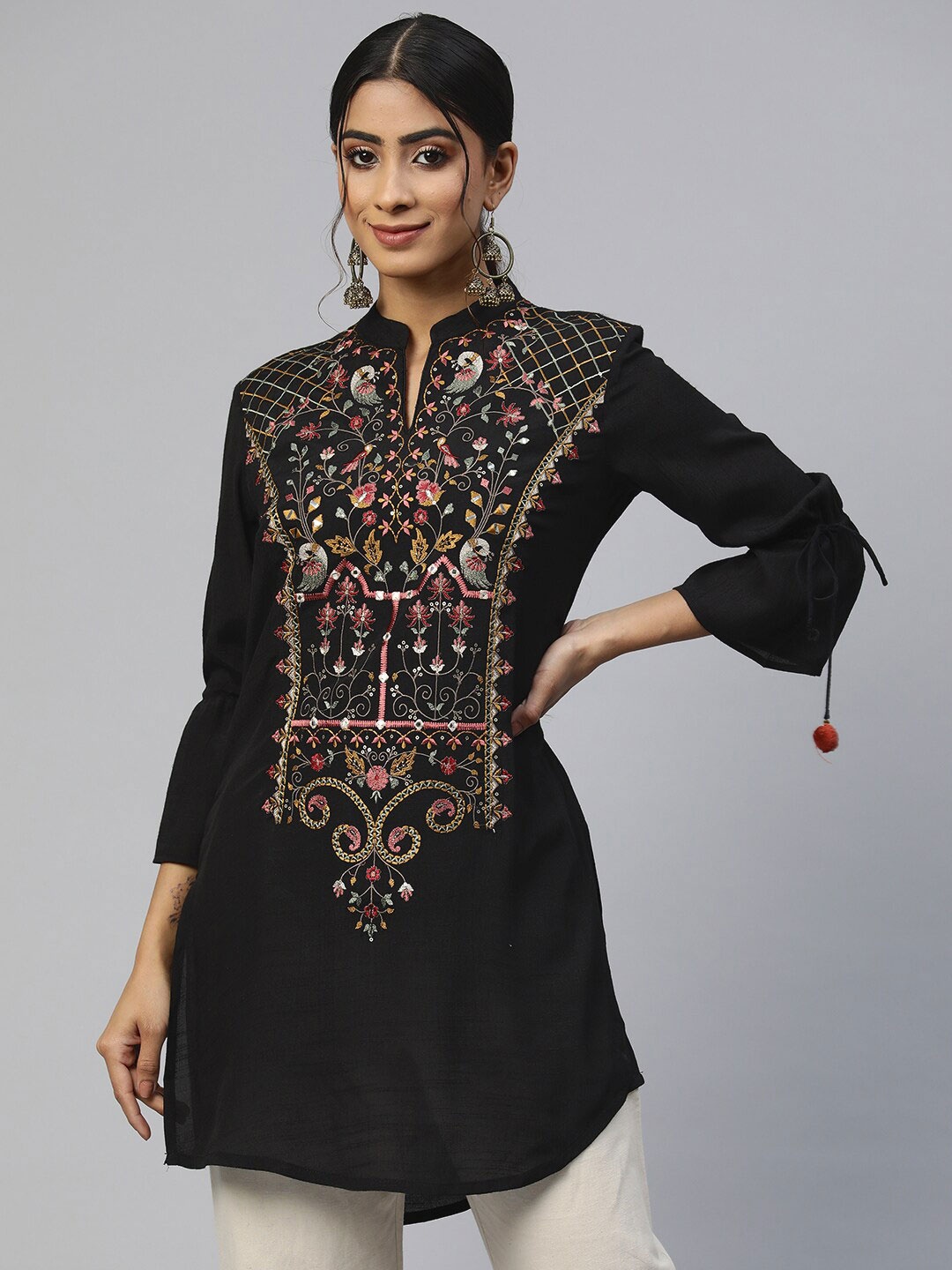 

Nayam By Lakshita Mandarin Collar Floral Embroidered Mirror work Kurti, Black