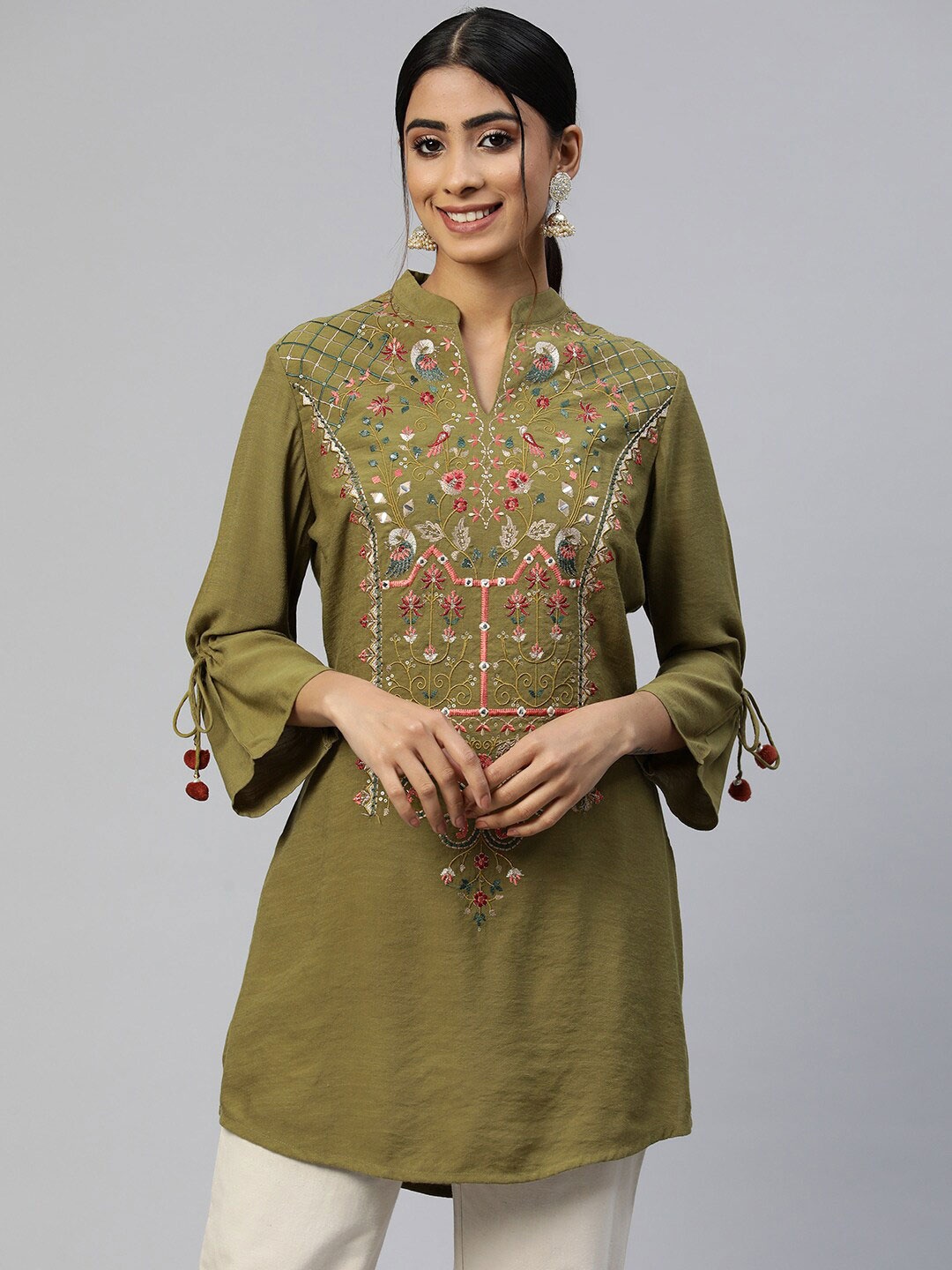 

Nayam By Lakshita Mandarin Collar Embroidered Ethnic Tunic, Olive