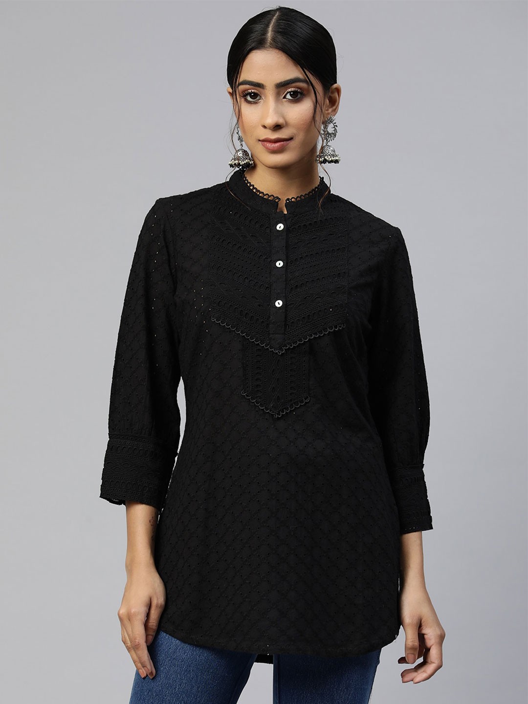 

Nayam By Lakshita Mandarin Collar Cotton Schiffli Longline Regular Top, Black
