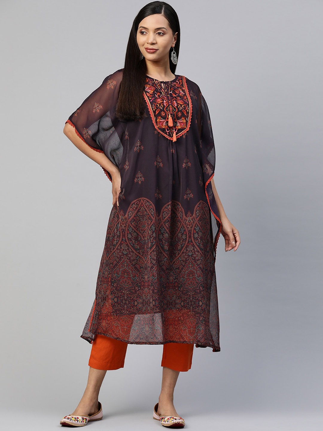 

Nayam By Lakshita Floral Embroidered Tie Up Neck Sequinned Kaftan Kurta, Purple