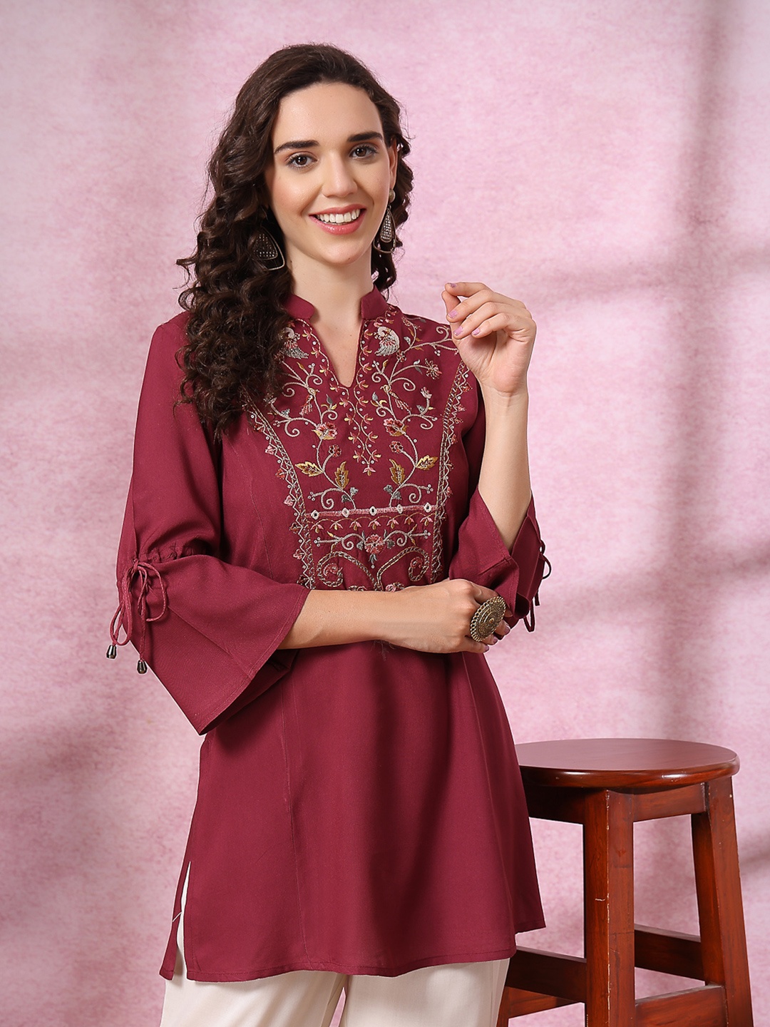 

Nayam By Lakshita Mandarin Collar Embroidered Ethnic Tunic, Maroon