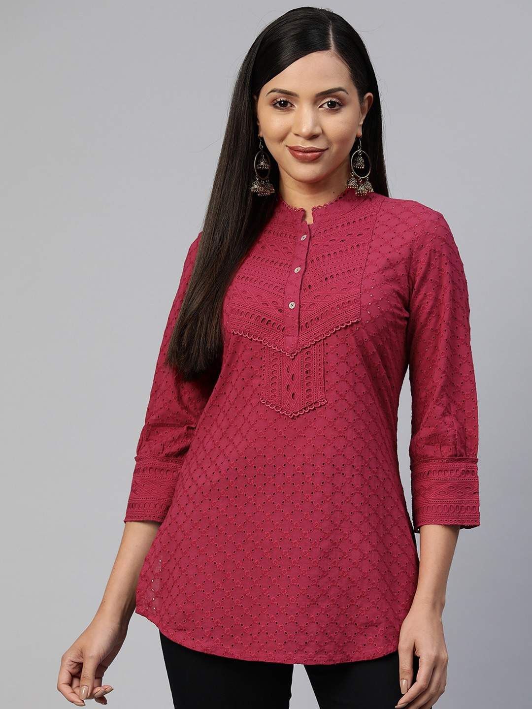 

Nayam By Lakshita Woven Design Mandarin Collar Pure Cotton Schiffli Kurti, Fuchsia
