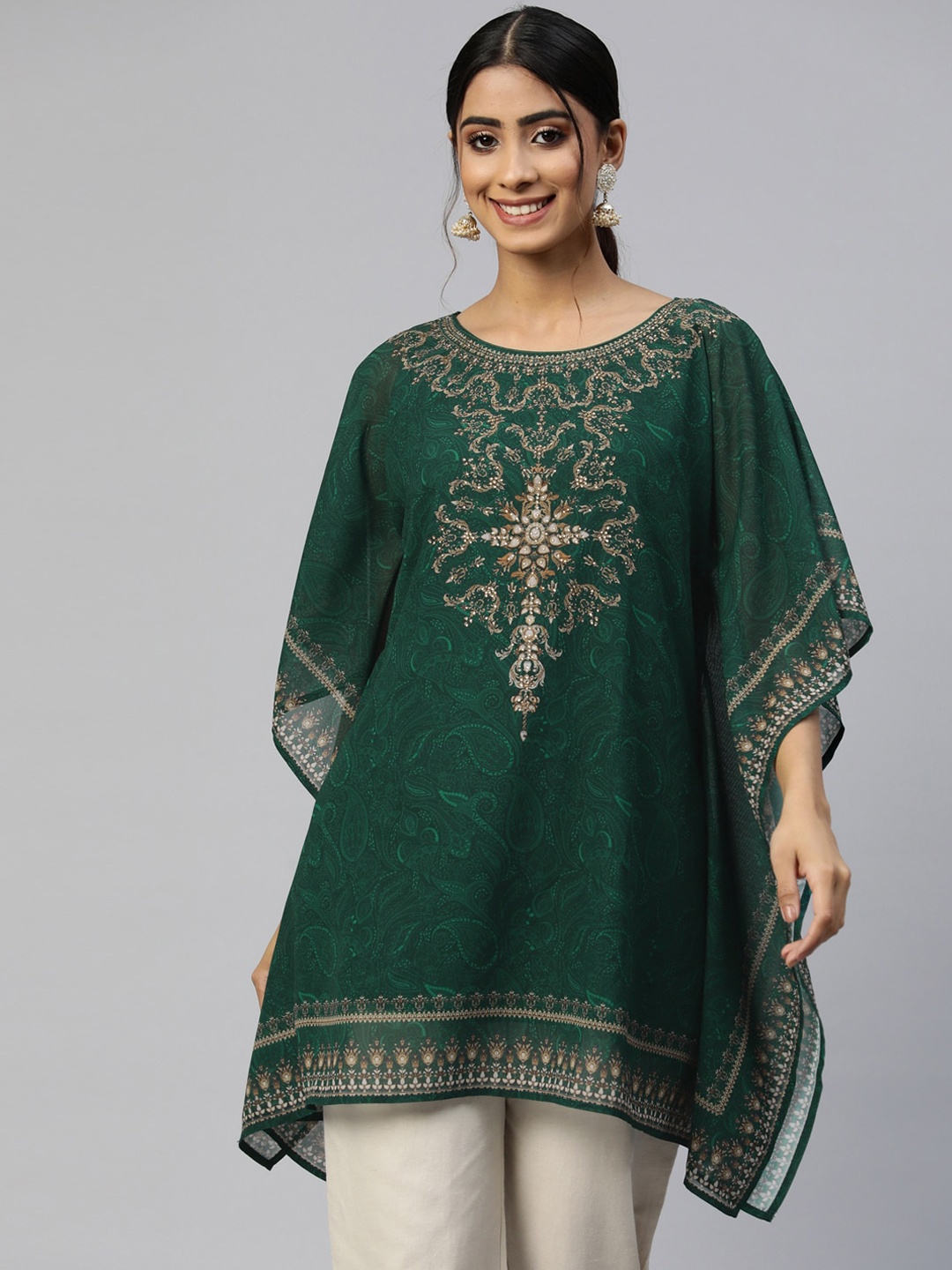 

Nayam By Lakshita Ethnic Motif Printed Extended Sleeves Kaftan Kurta, Green