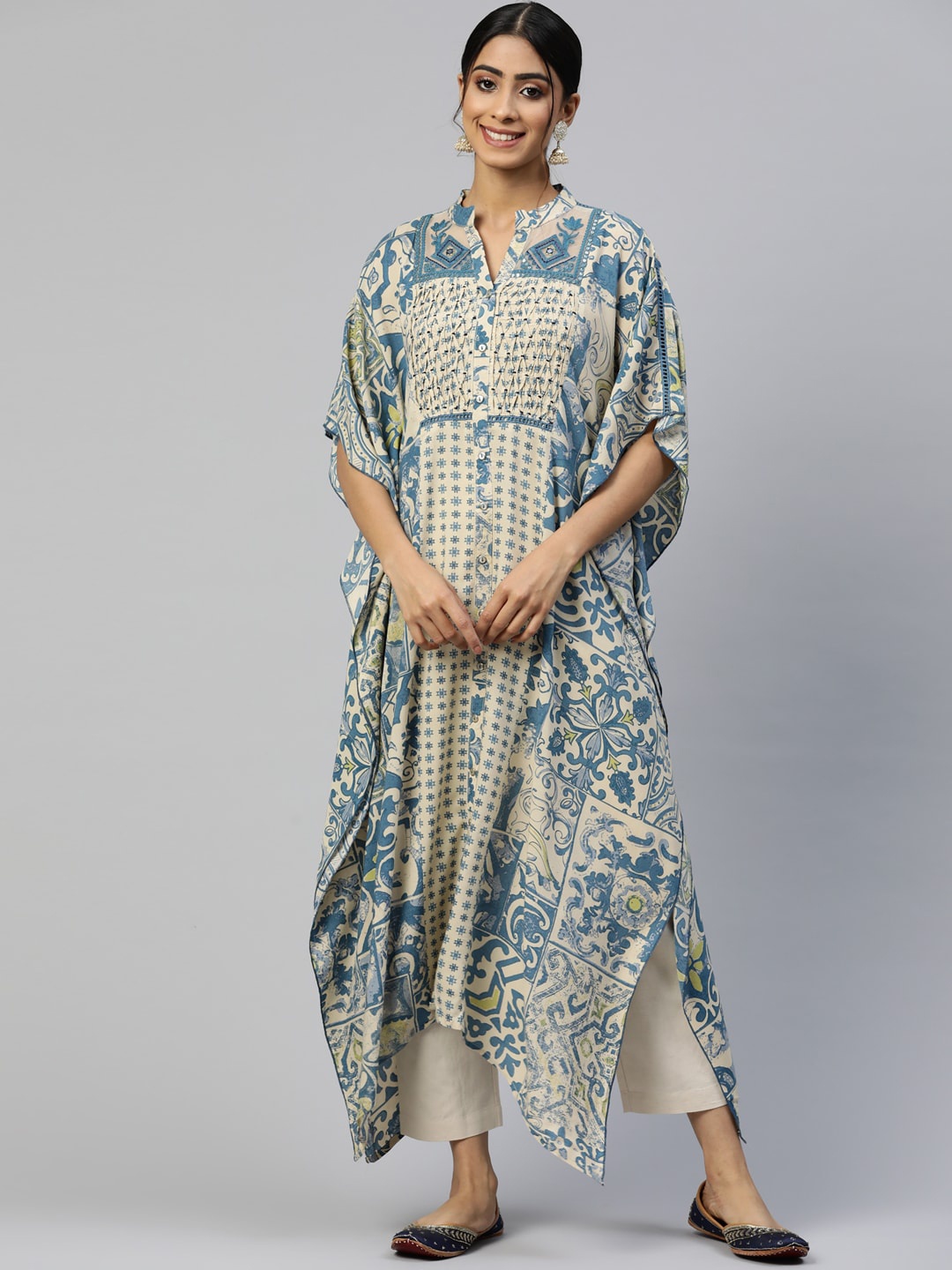 

Nayam By Lakshita Ethnic Motifs Printed Mandarin Collar Thread Work Kaftan Kurta, Blue