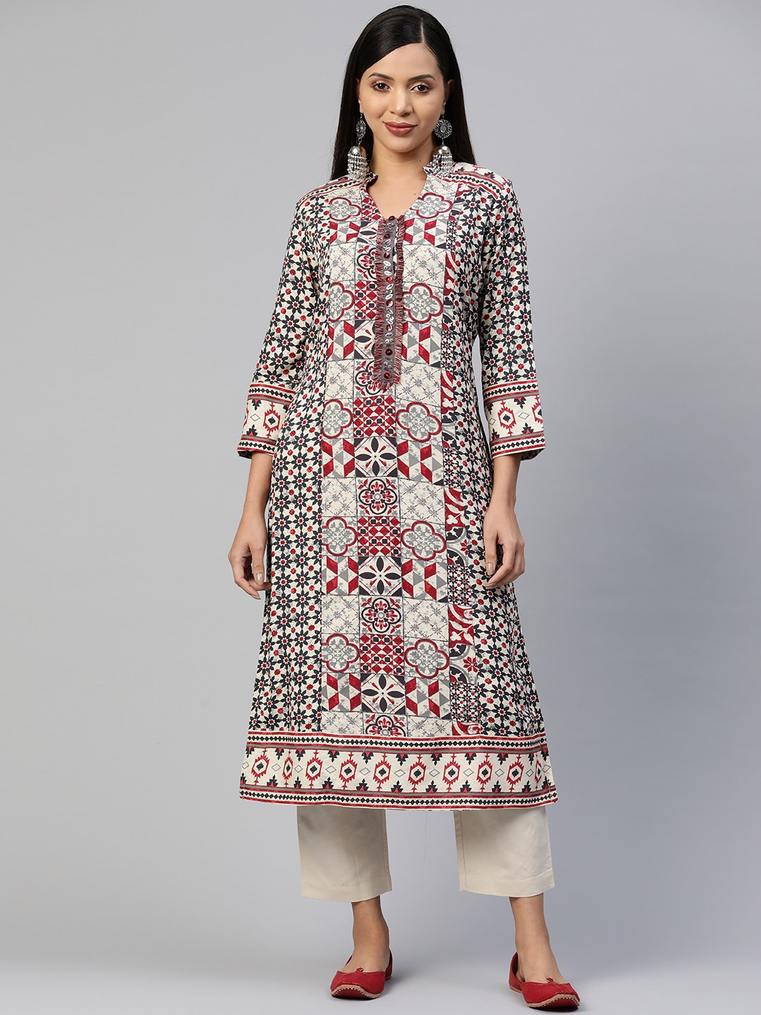 

Nayam By Lakshita Floral Printed Mandarin Collar A-Line Kurta, Maroon