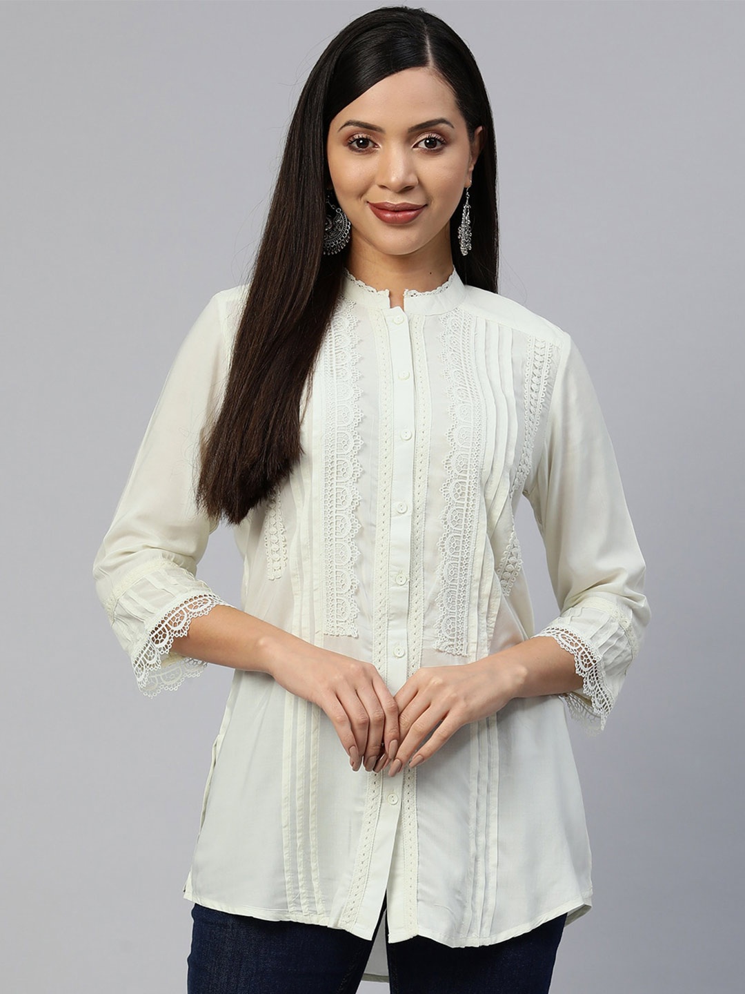 

Nayam By Lakshita Comfort Mandarin Collar Lace Up Casual Shirt, Cream
