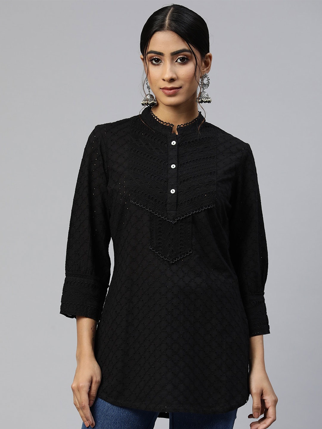

Nayam By Lakshita Self Design Mandarin Collar Schiffli Cotton Tunic, Black