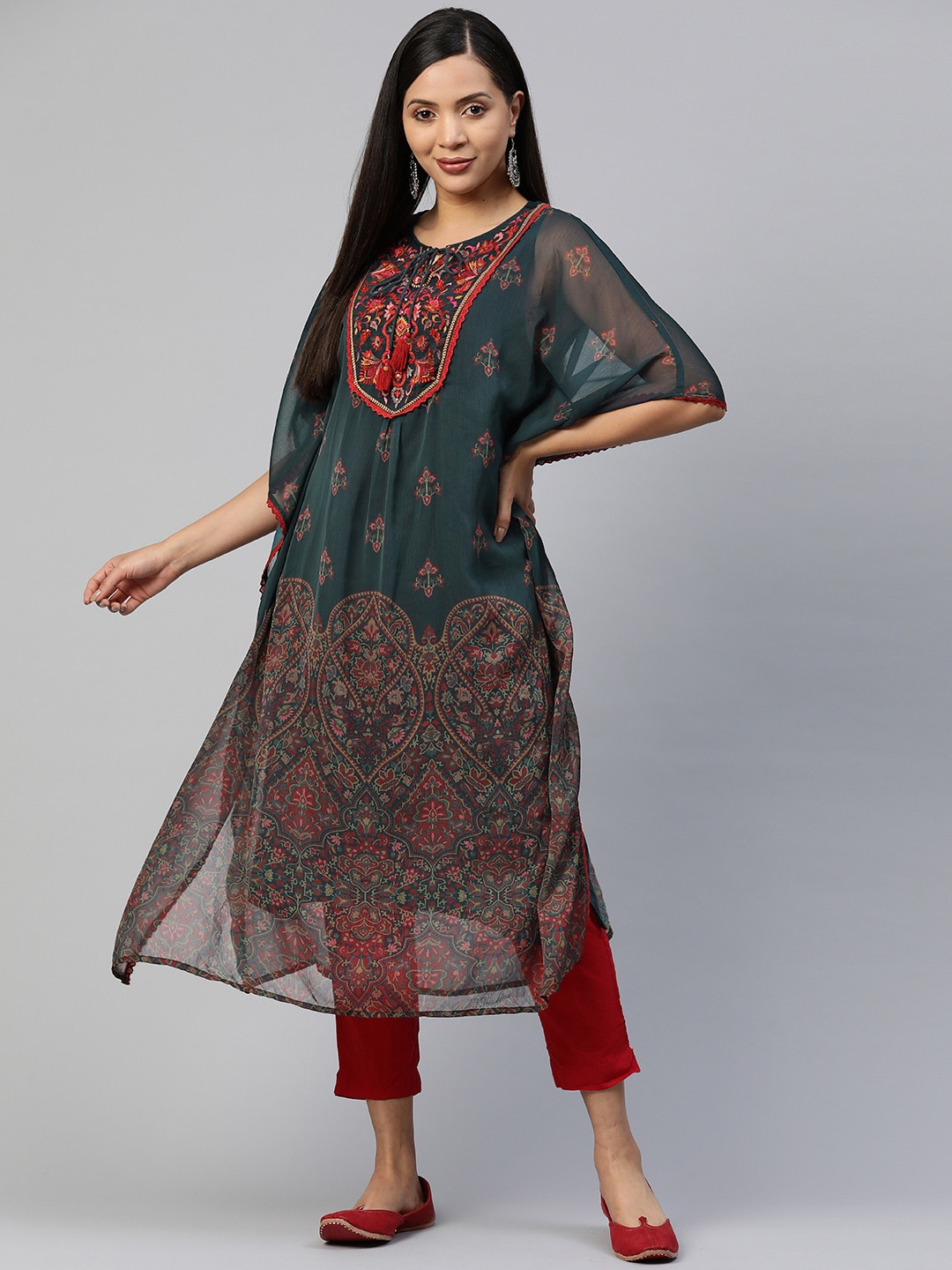 

Nayam By Lakshita Ethnic Motifs Printed Thread Work Kaftan Kurta, Green