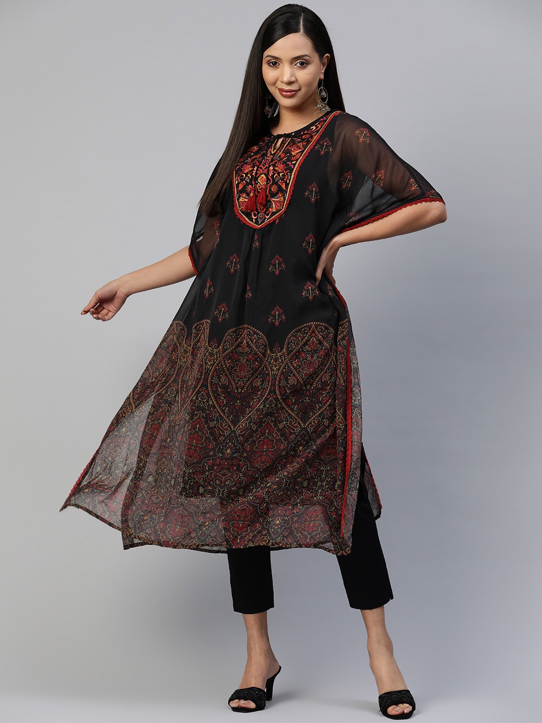 

Nayam By Lakshita Floral Embroidered Tie Up Neck Sequinned Kaftan Kurta, Black