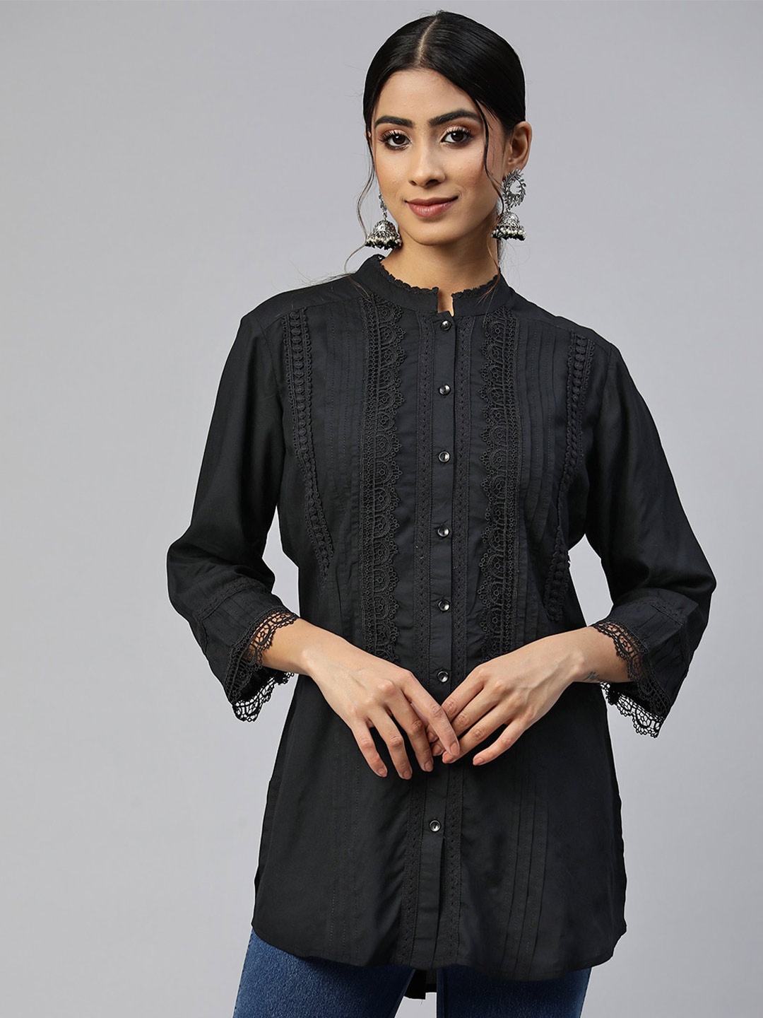 

Nayam By Lakshita Comfort Mandarin Collar Lace Up Casual Shirt, Black