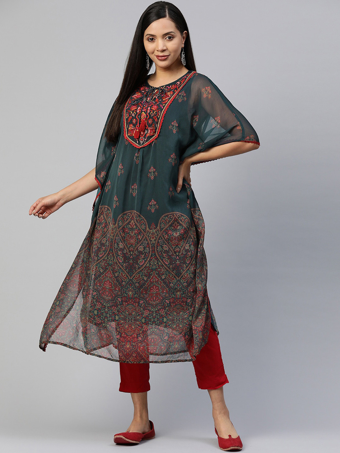 

Nayam By Lakshita Floral Embroidered Tie Up Neck Sequinned Kaftan Kurta, Teal