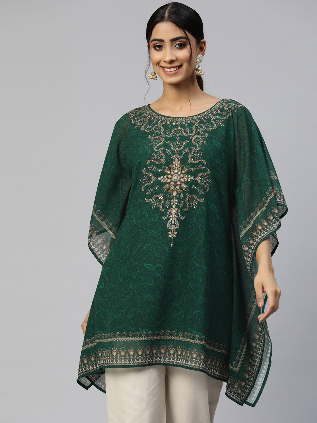 

Nayam By Lakshita Ethnic Motif Printed Extended Sleeves Kaftan Kurta, Green