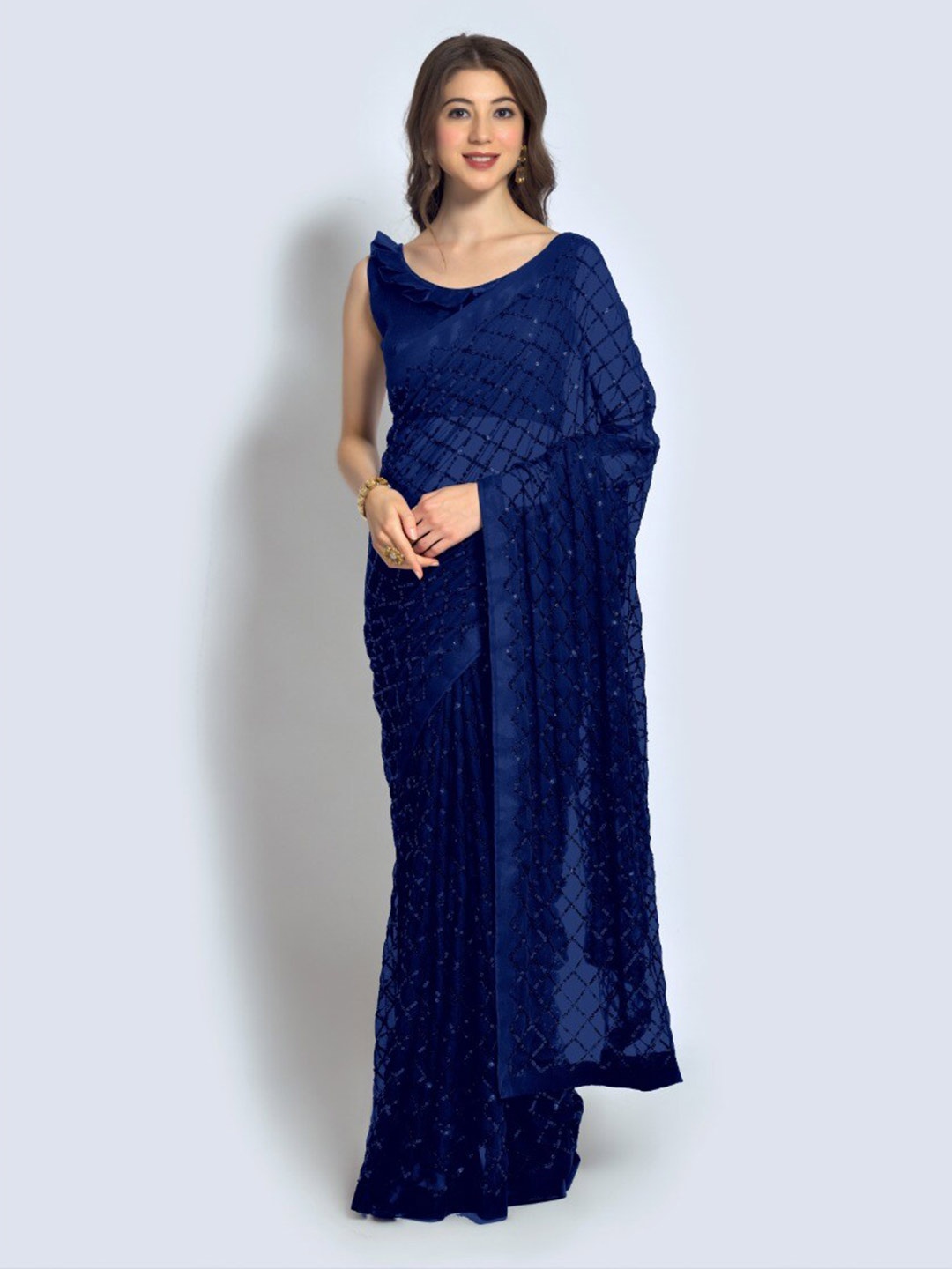 

VEERAX Embellished Sequinned Pure Georgette Saree, Navy blue