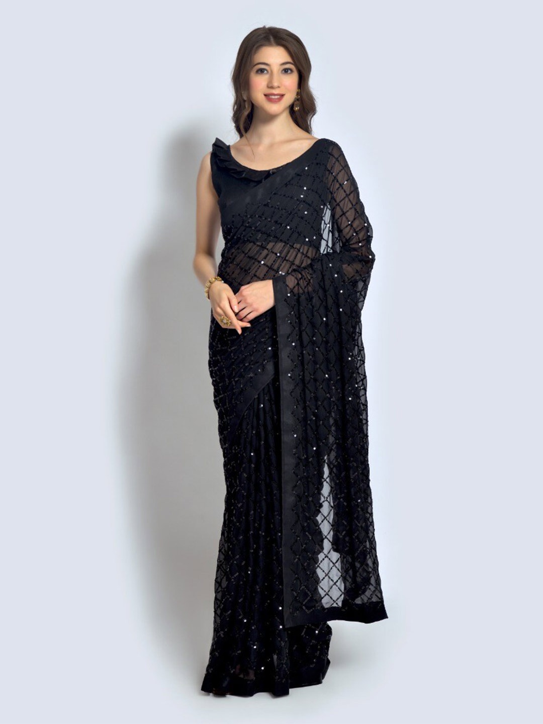 

VEERAX Embellished Sequinned Pure Georgette Saree, Black