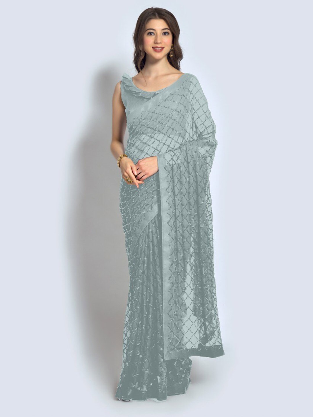 

VEERAX Grey Sequinned Pure Georgette Saree