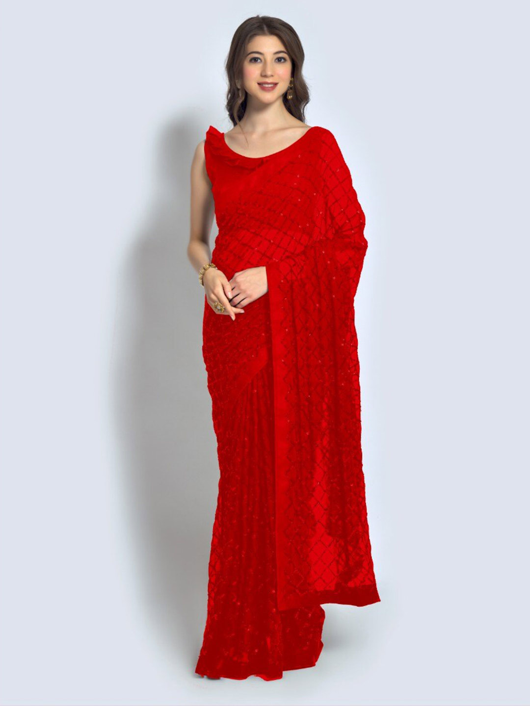 

VEERAX Embellished Sequinned Pure Georgette Saree, Red