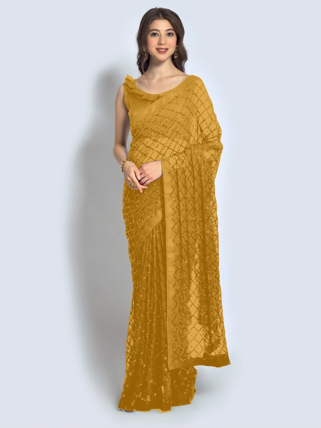 

VEERAX Embellished Sequinned Pure Georgette Saree, Mustard