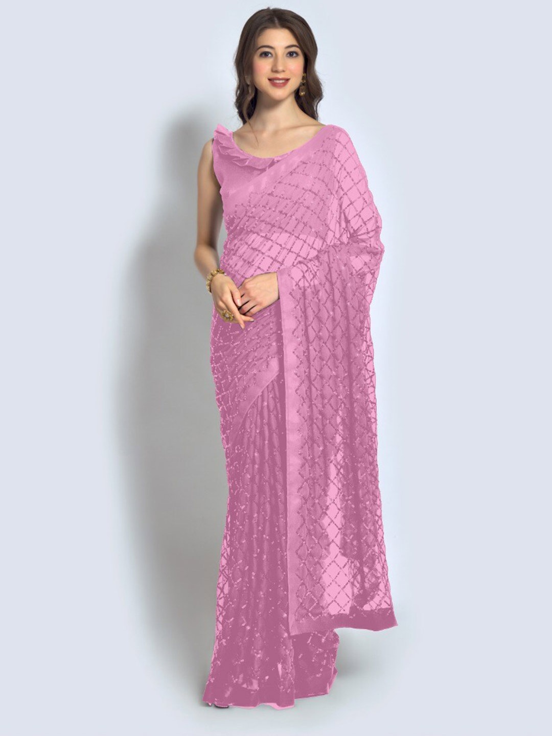 

VEERAX Embellished Sequinned Pure Georgette Saree, Pink