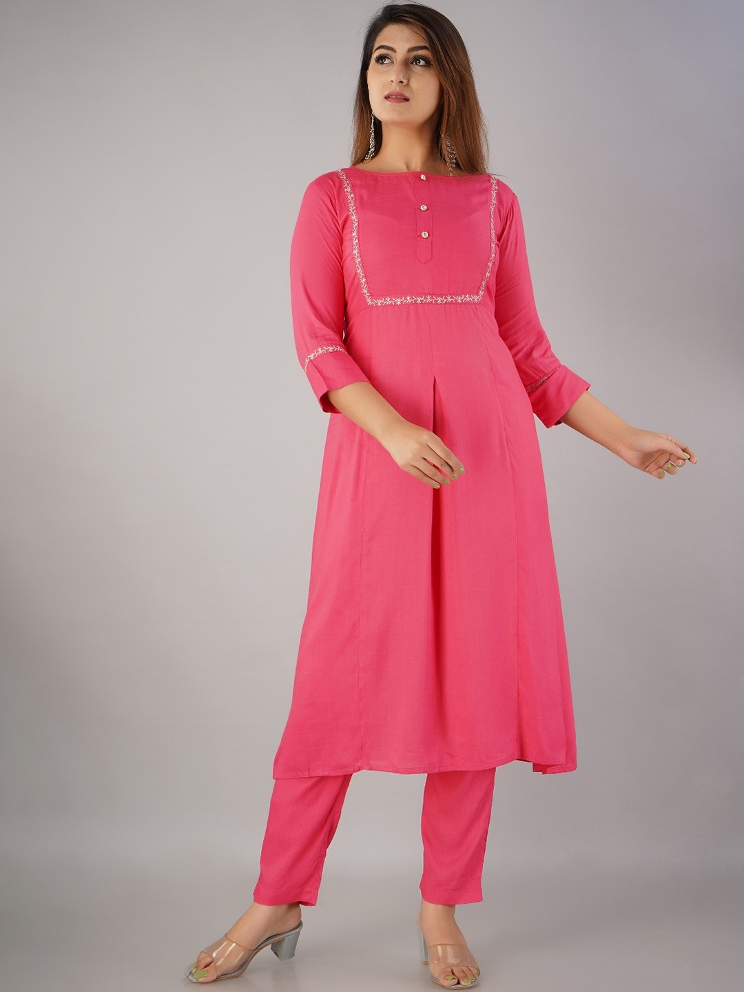 

HERE&NOW Pink Ethnic Motifs Embroidered A-Line Kurta with Trousers