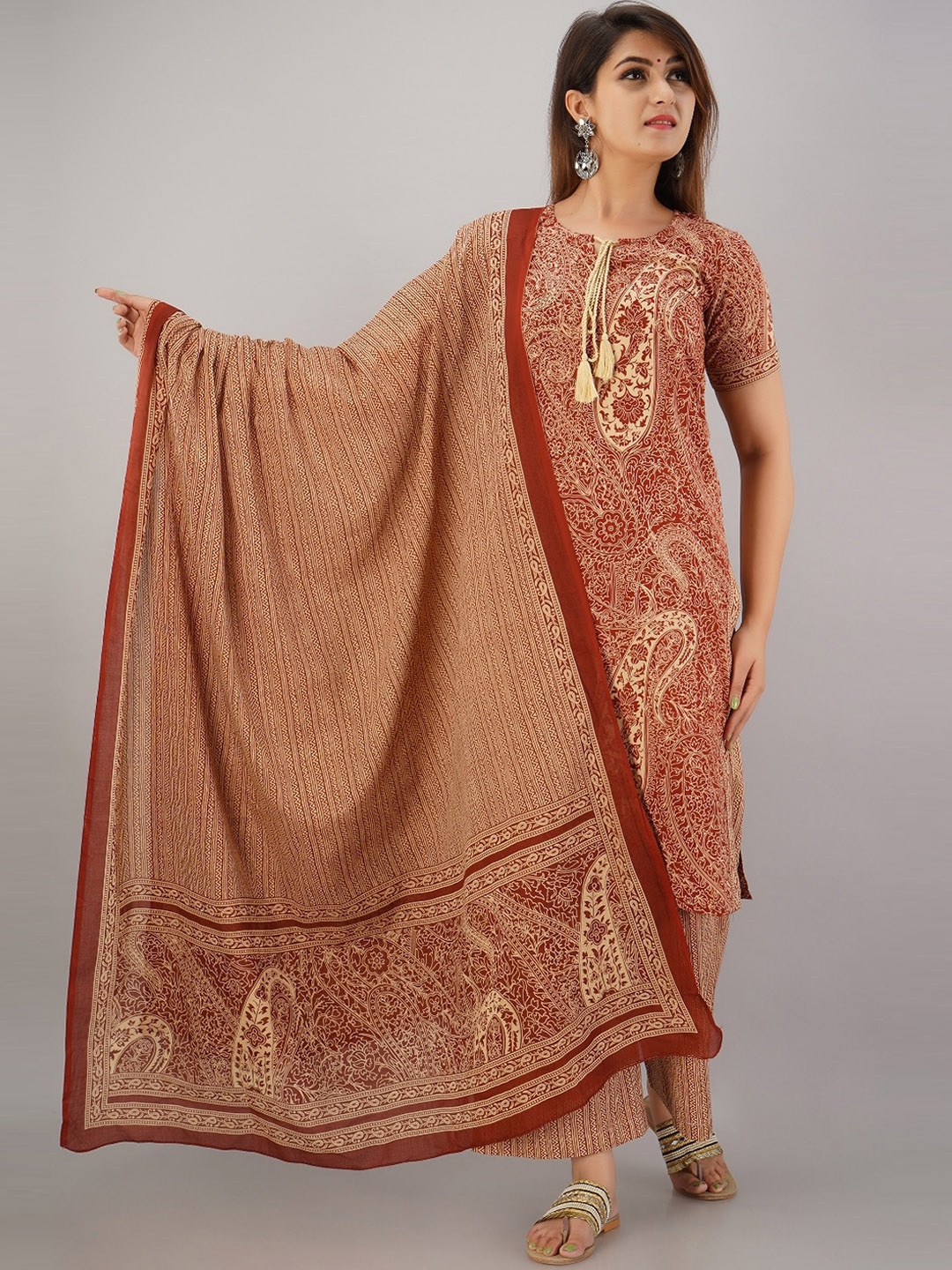 

HERE&NOW Maroon & Beige Ethnic Motifs Printed Kurta with Palazzos & Dupatta