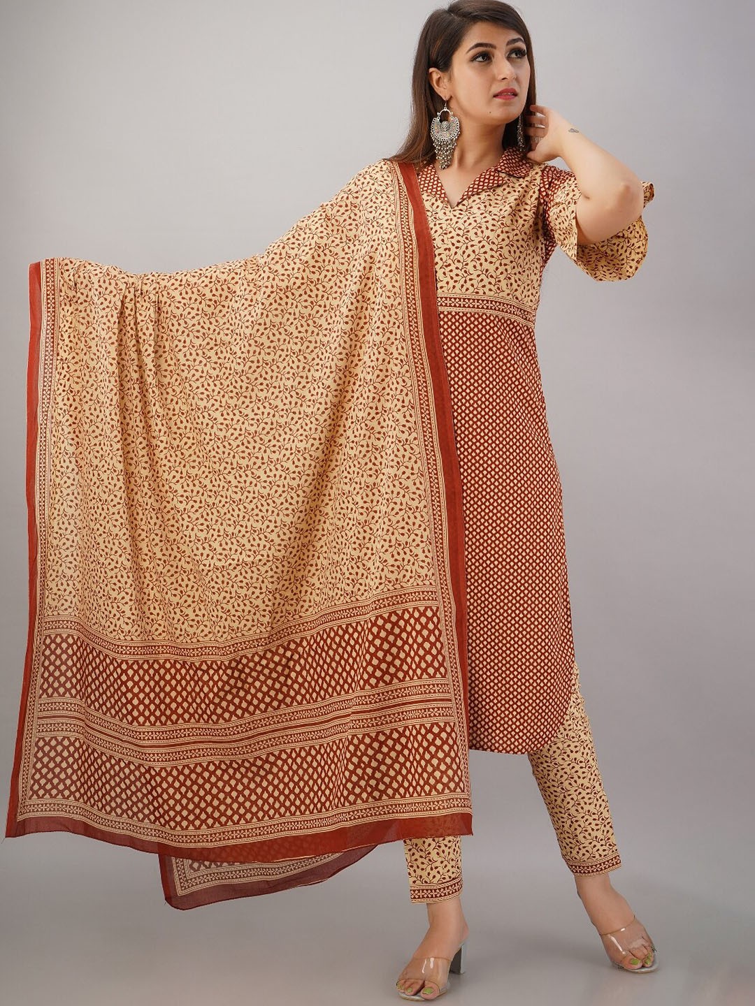 

HERE&NOW Maroon & Beige Ethnic Printed Shirt Collar Kurta with Trousers & Dupatta