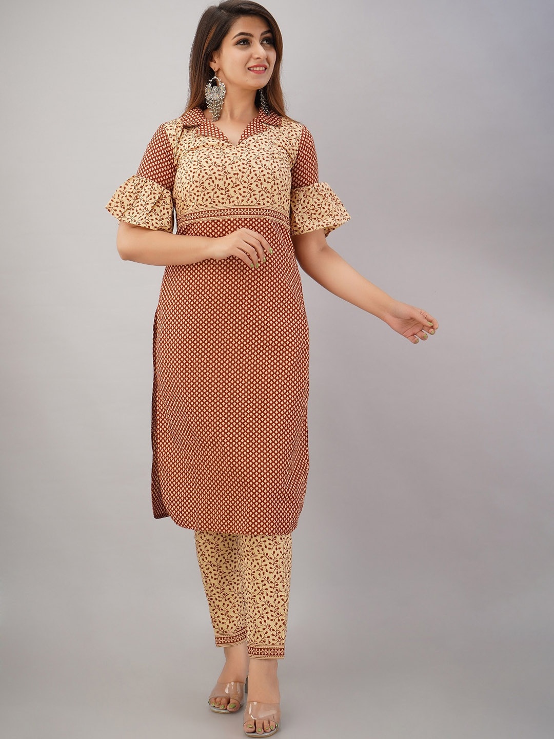 

HERE&NOW Maroon & Beige Ethnic Motifs Printed Shirt Collar Kurta with Trousers