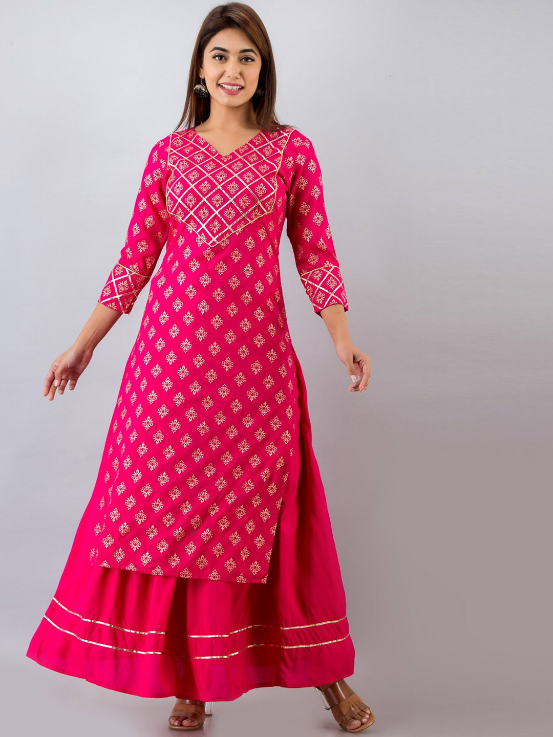 

HERE&NOW Pink & White Ethnic Motifs Printed Gotta Patti Kurta with Skirt