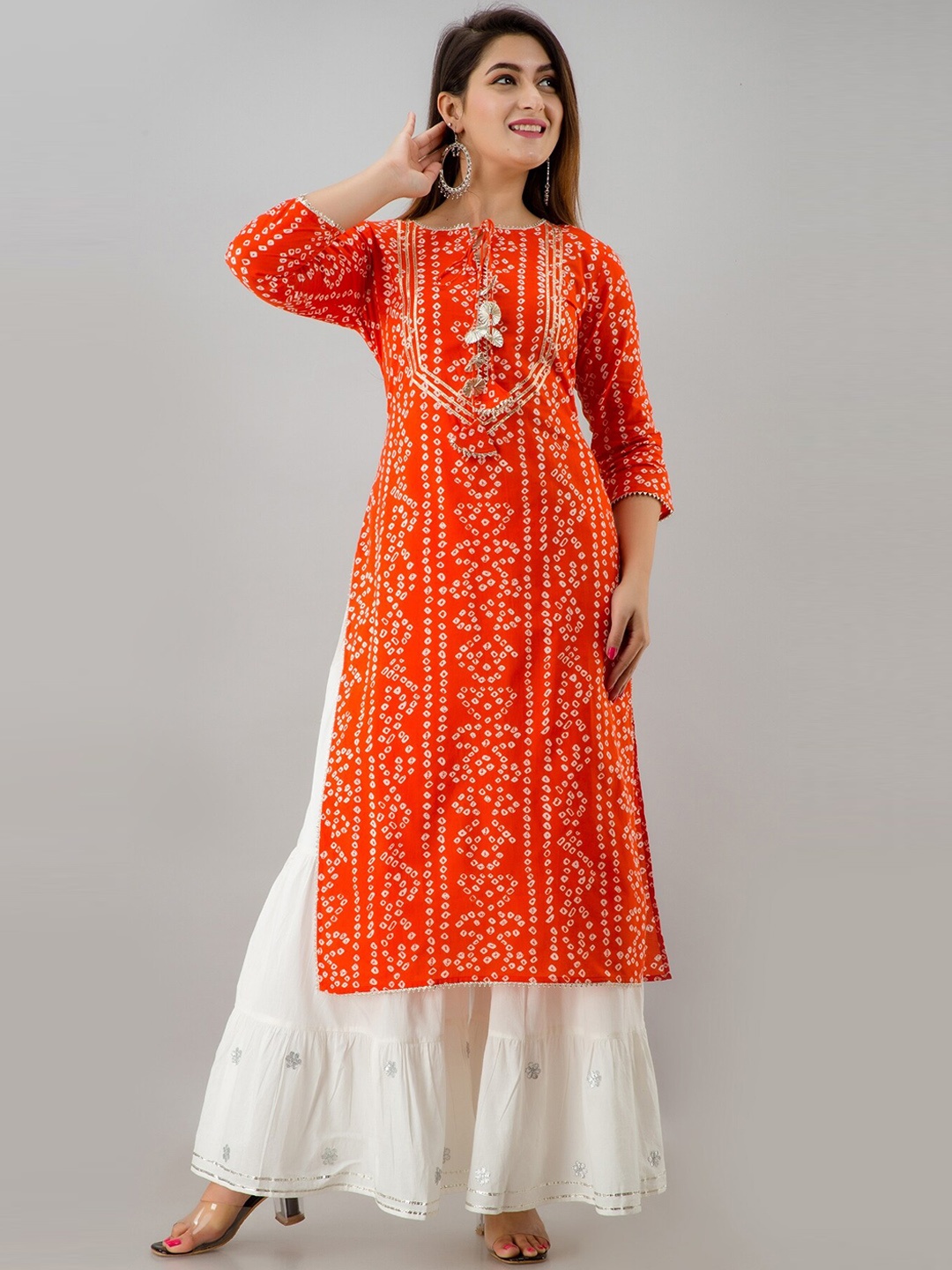 

HERE&NOW Orange & White Bandhani Printed Gotta Patti Kurta with Sharara