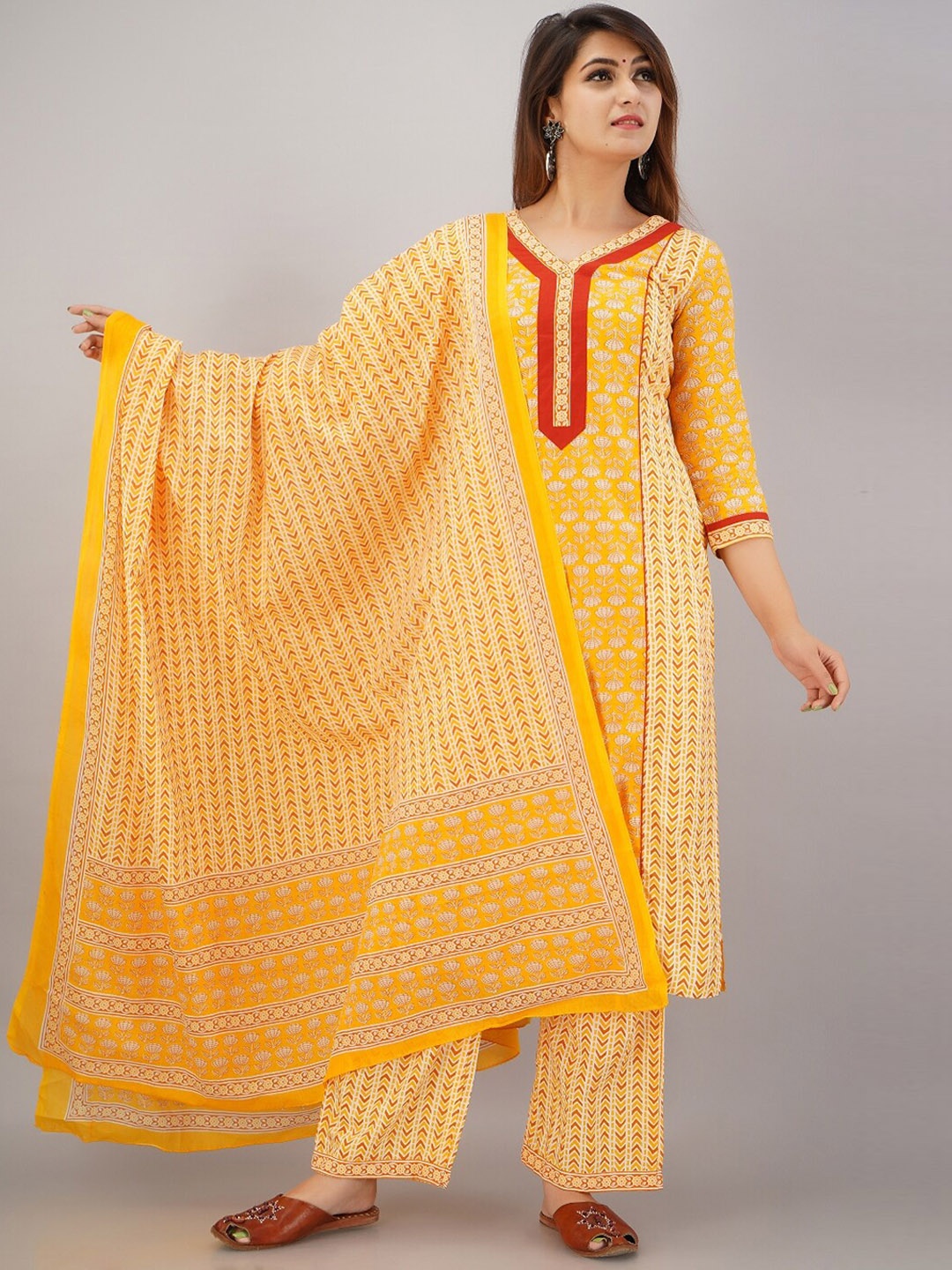 

HERE&NOW Yellow & Red Ethnic Motifs Printed Panelled Kurta with Palazzos & Dupatta