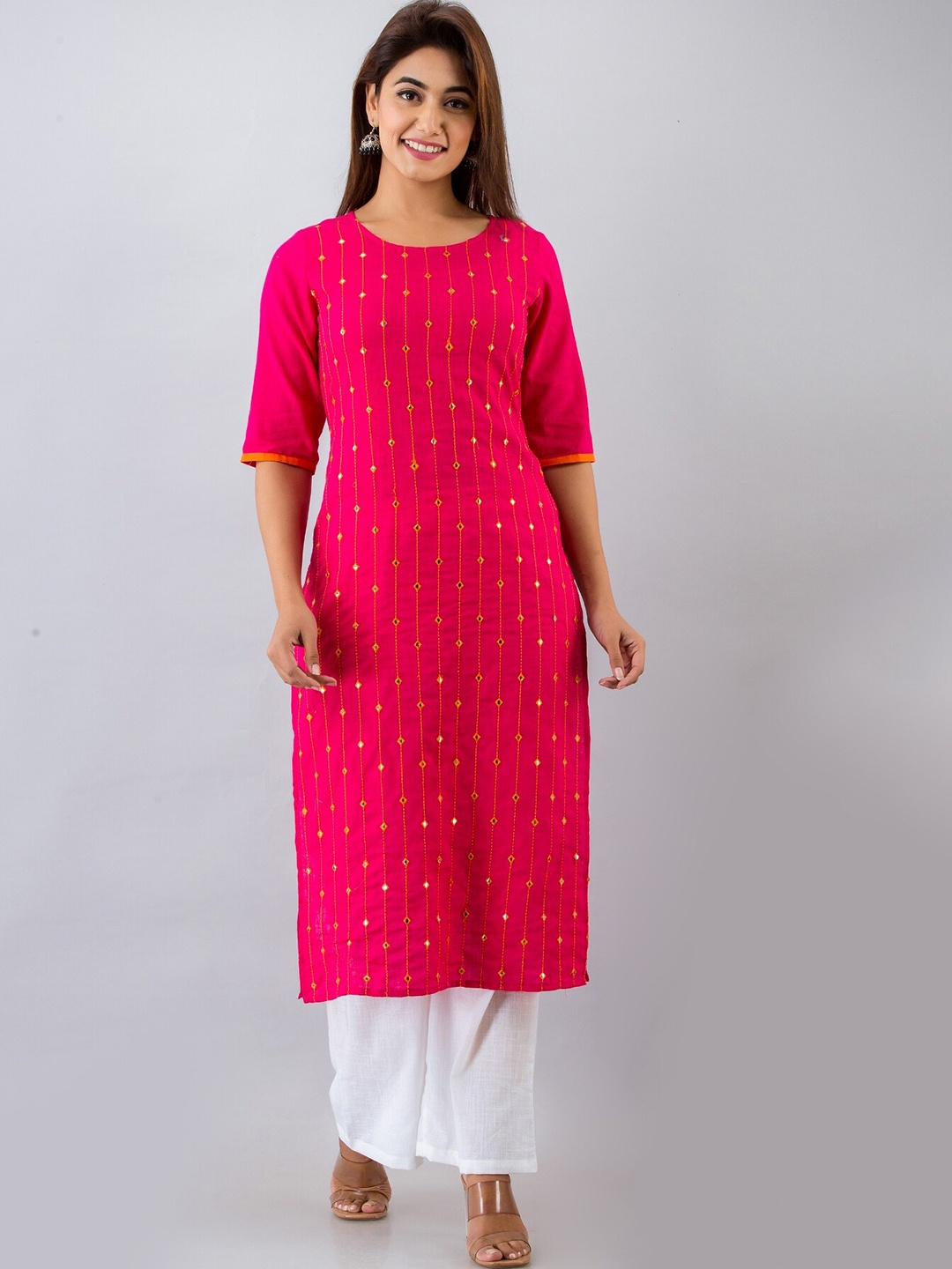 

HERE&NOW Pink & White Geometric Embroidered Mirror Work Kurta with Palazzos