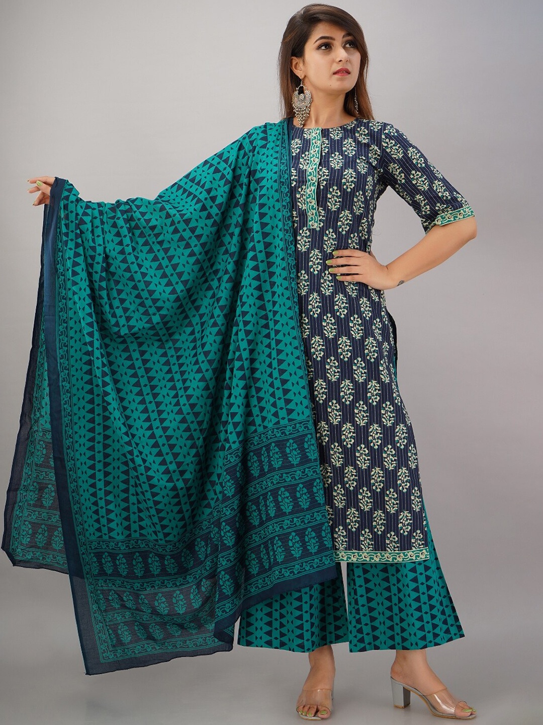 

HERE&NOW Navy Blue & Floral Printed Boat Neck Kurta with Palazzos & Dupatta