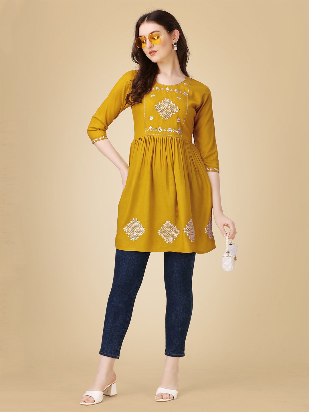 

BAPS Mustard Ethnic Motifs Sequinned Embroidered A-Line Kurti