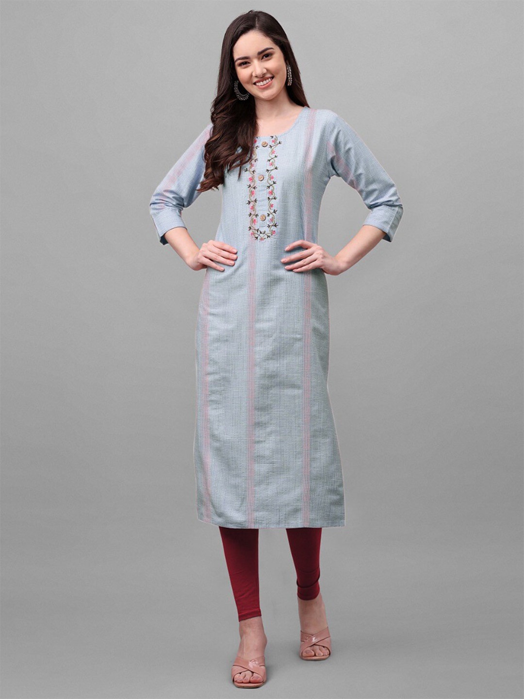 

HERE&NOW Floral Yoke Design Thread Work Detail Pure Cotton Straight Kurta, Blue