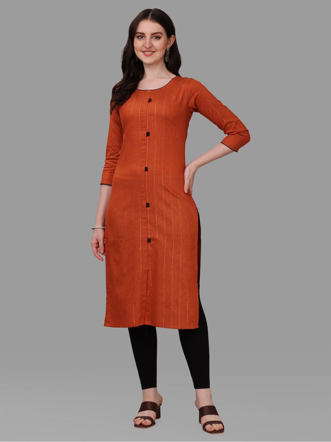 

HERE&NOW Striped Pure Cotton Kurta, Rust