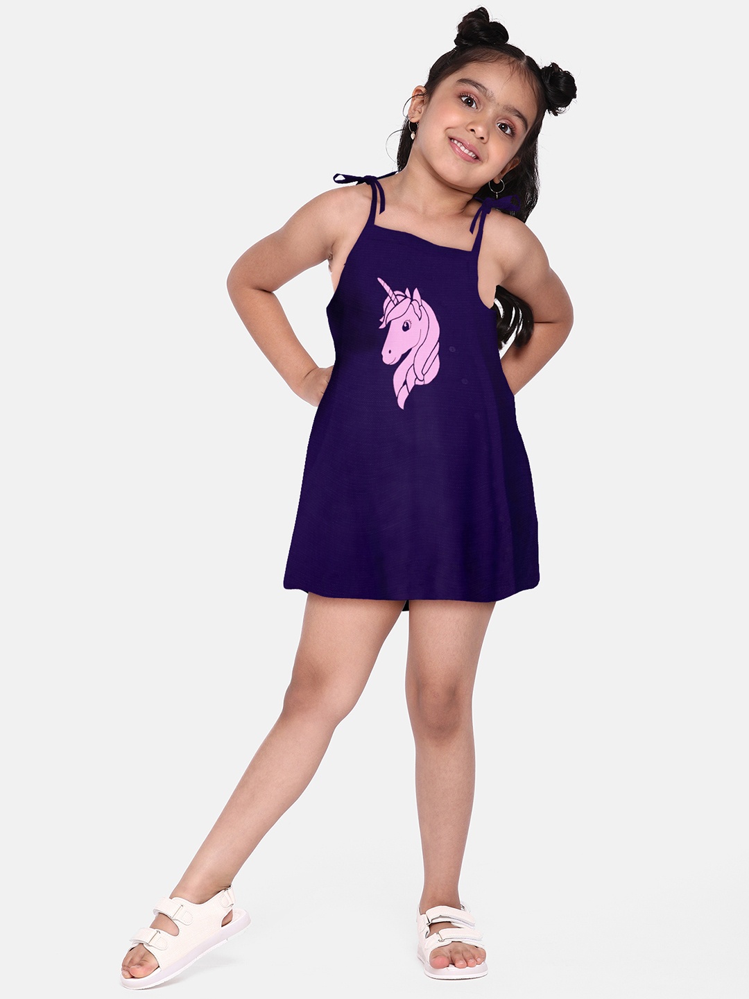 

A.T.U.N. Girls Graphic Printed Tie-Up Shoulder Straps Cotton A-Line Dress, Violet