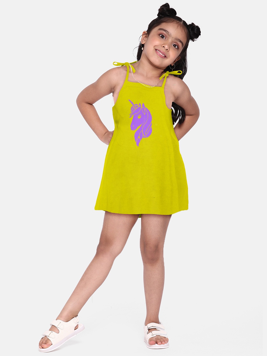 

A.T.U.N. Girls Graphic Printed Tie-Up Shoulder Straps Cotton A-Line Dress, Yellow
