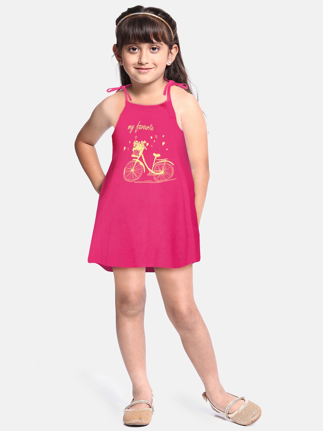 

A.T.U.N. Girls Graphic Printed Tie-Up Shoulder Straps Cotton A-Line Dress, Fuchsia