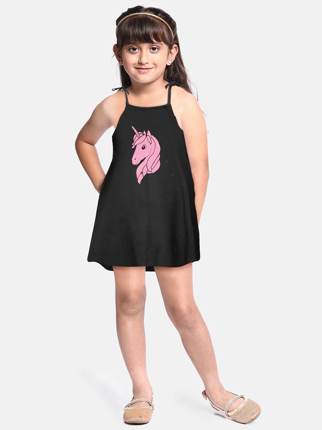 

A.T.U.N. Girls Graphic Printed Tie-Up Shoulder Straps Cotton A-Line Dress, Black