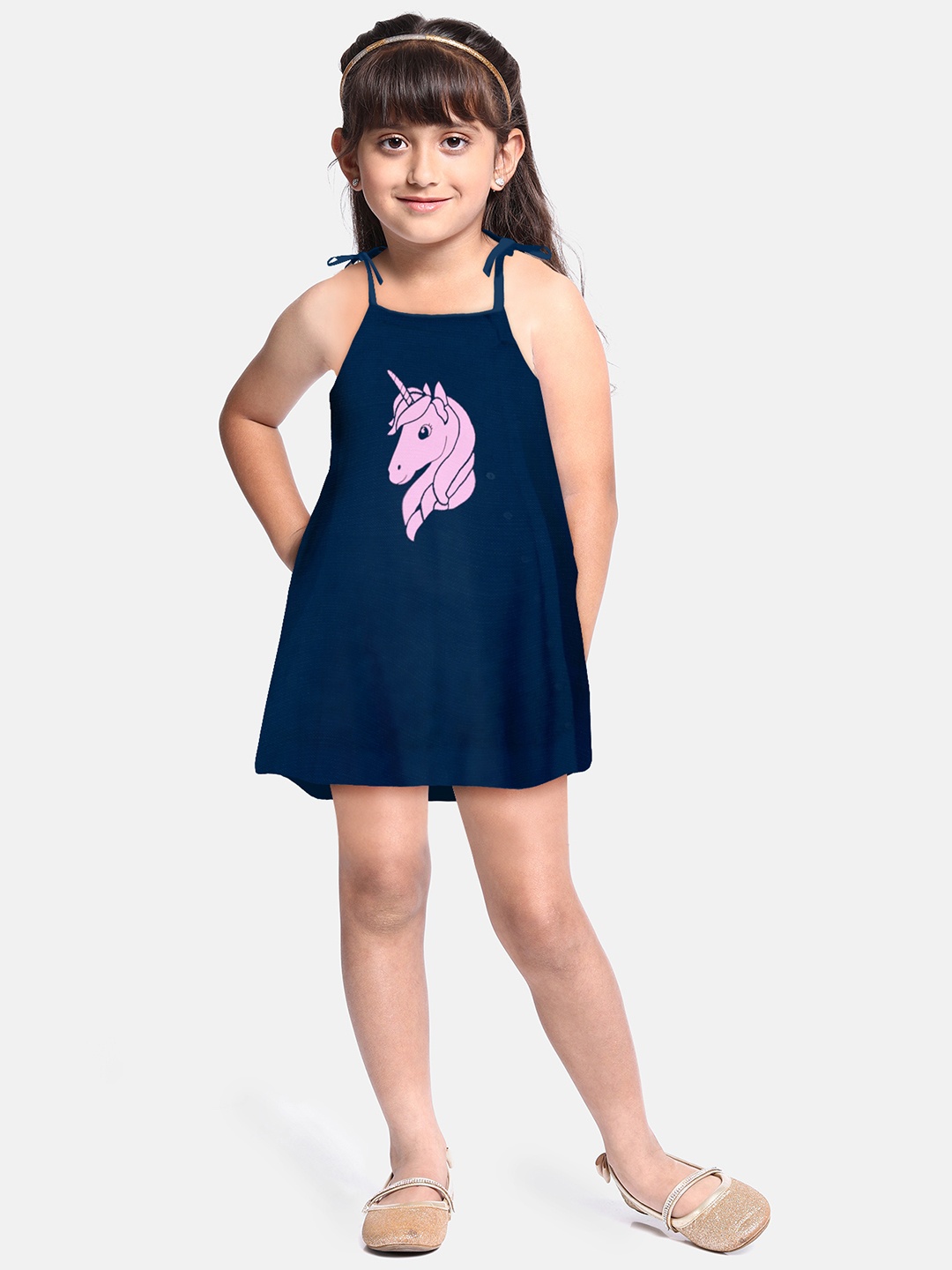 

A.T.U.N. Girls Graphic Printed A-Line Mini Dress, Navy blue