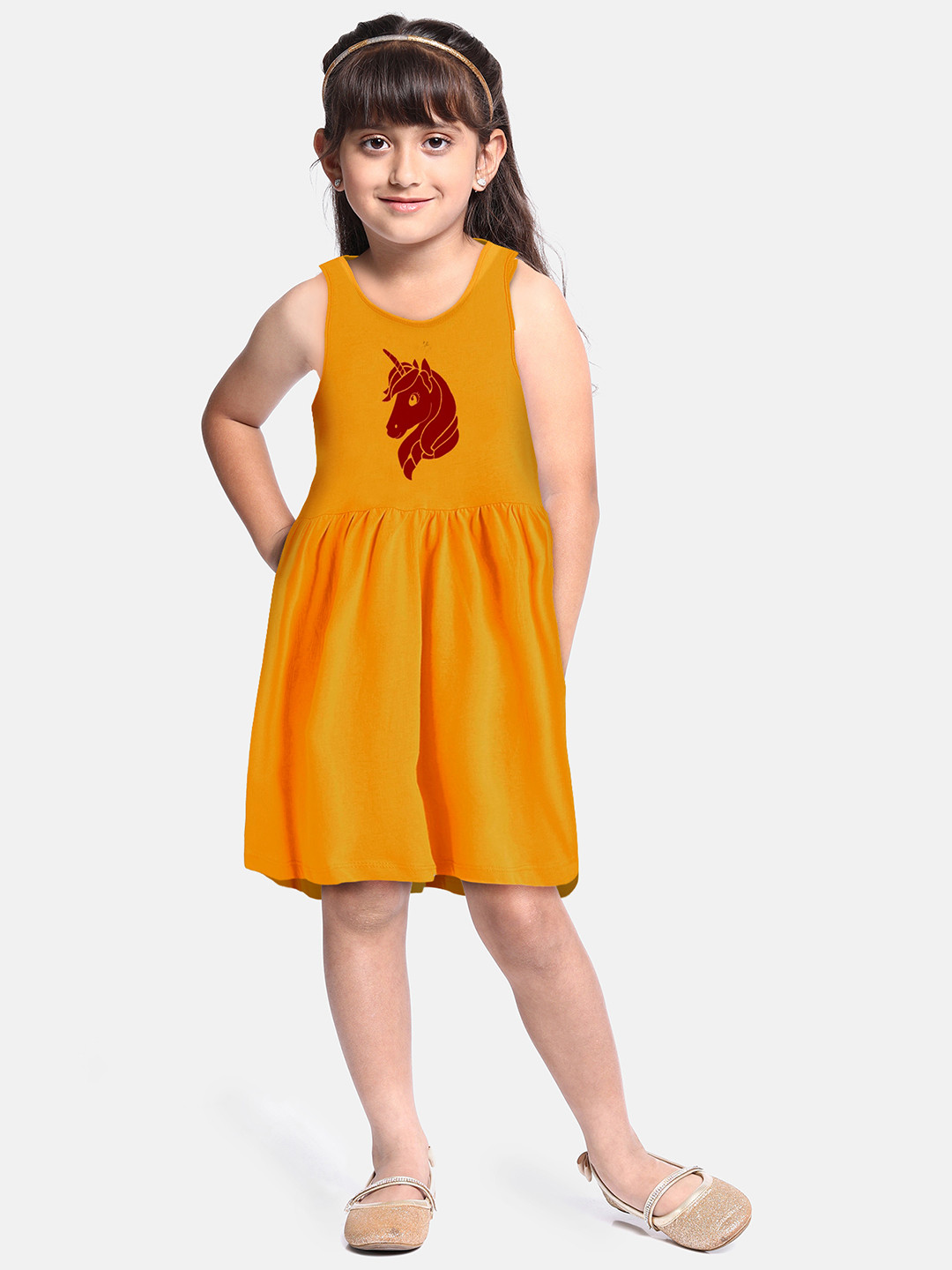

A.T.U.N. Girls Graphic Printed Gathered Cotton Fit & Flare Dress, Mustard
