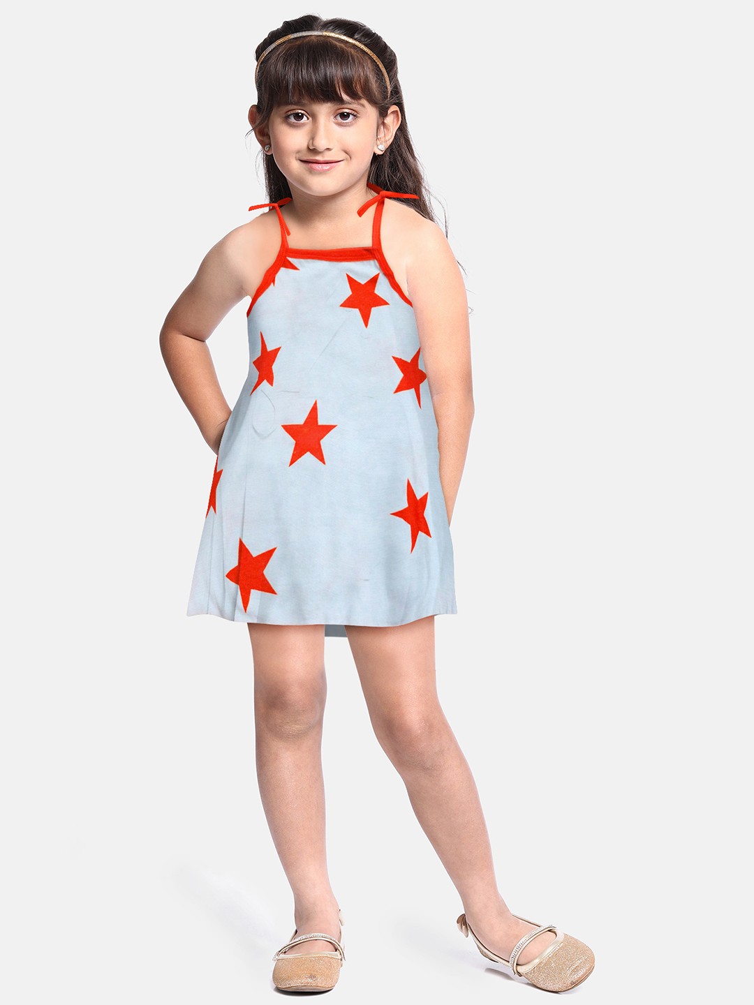 

A.T.U.N. Girls Stars Printed Tie-Up Shoulder Straps Cotton A-Line Dress, White