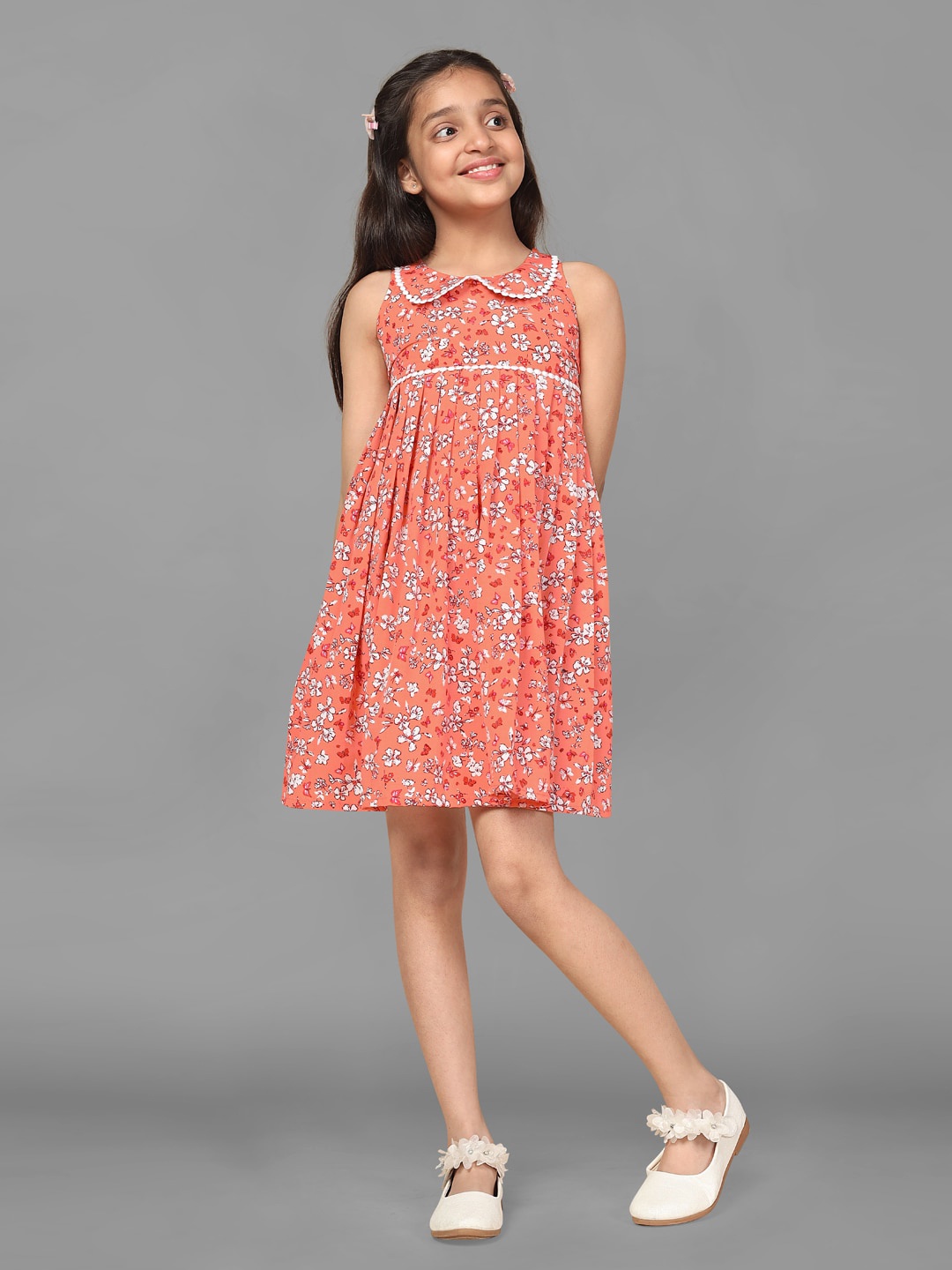 

FASHION DREAM Girls Floral Print Peter Pan Collar Crepe A-Line Dress, Orange