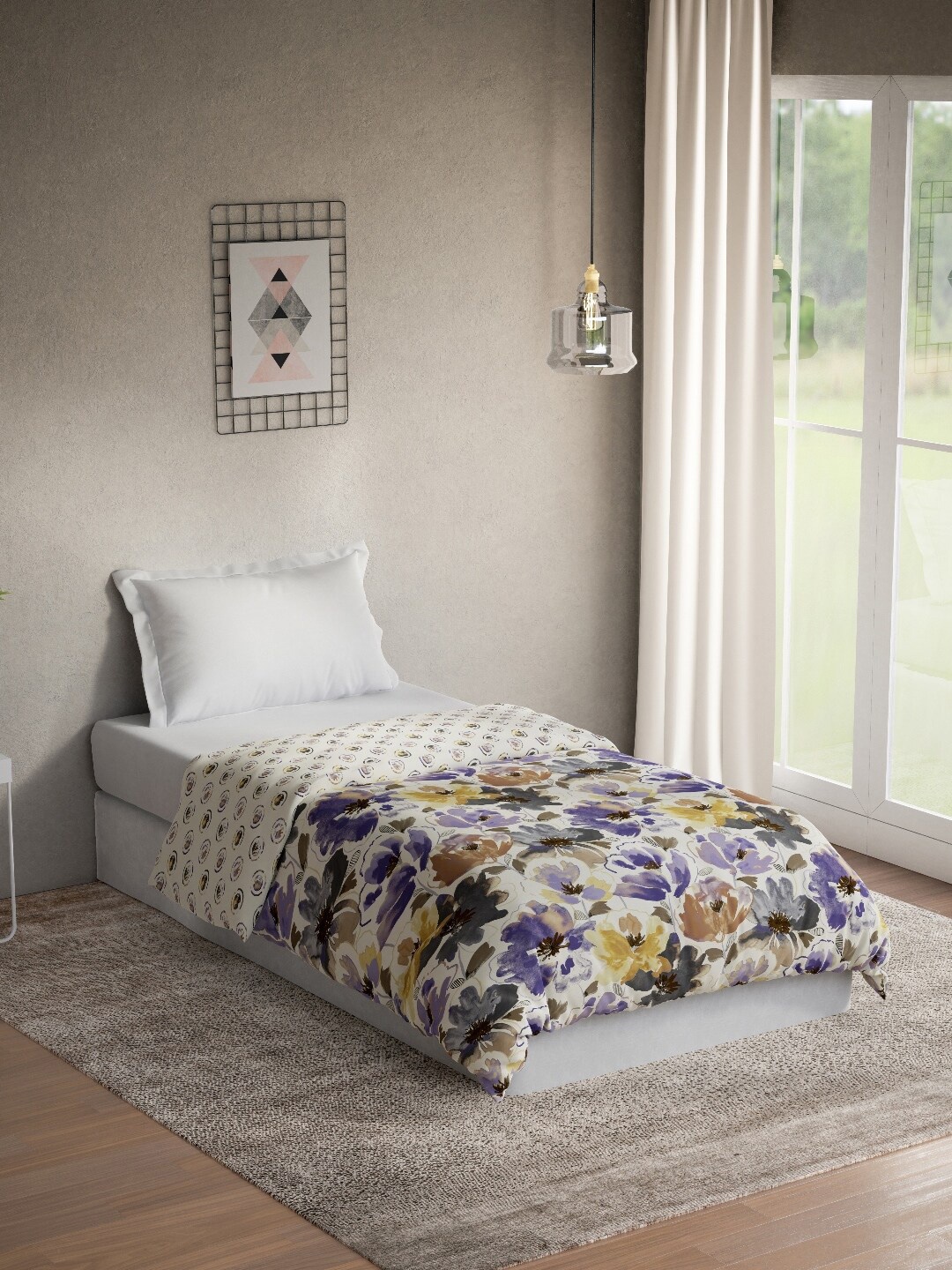 

DDecor White & Purple Floral Mild Winter 150 GSM Pure Cotton Single Bed Quilt