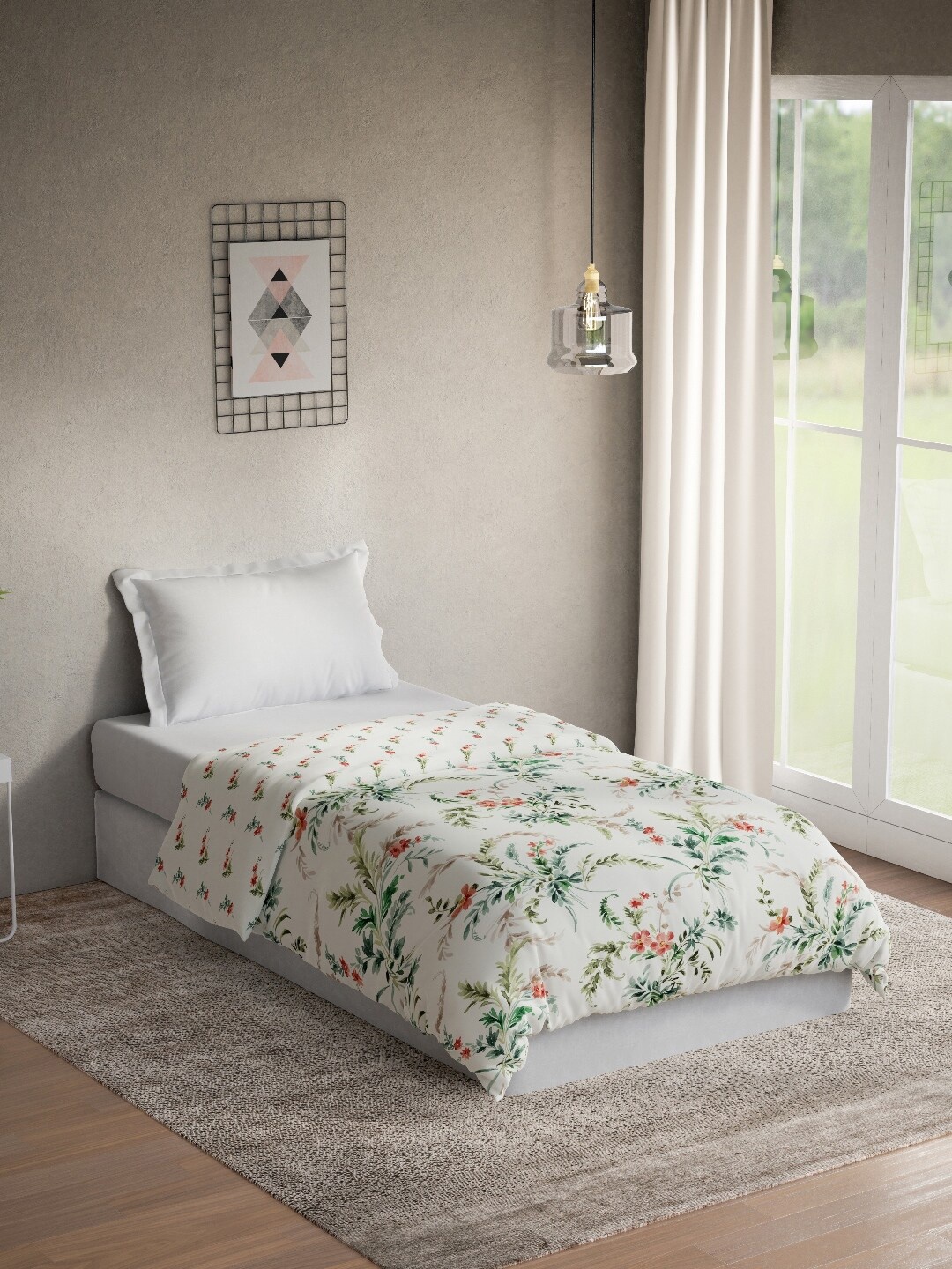 

DDecor White & Green Floral Mild Winter 150 GSM Pure Cotton Single Bed Quilt
