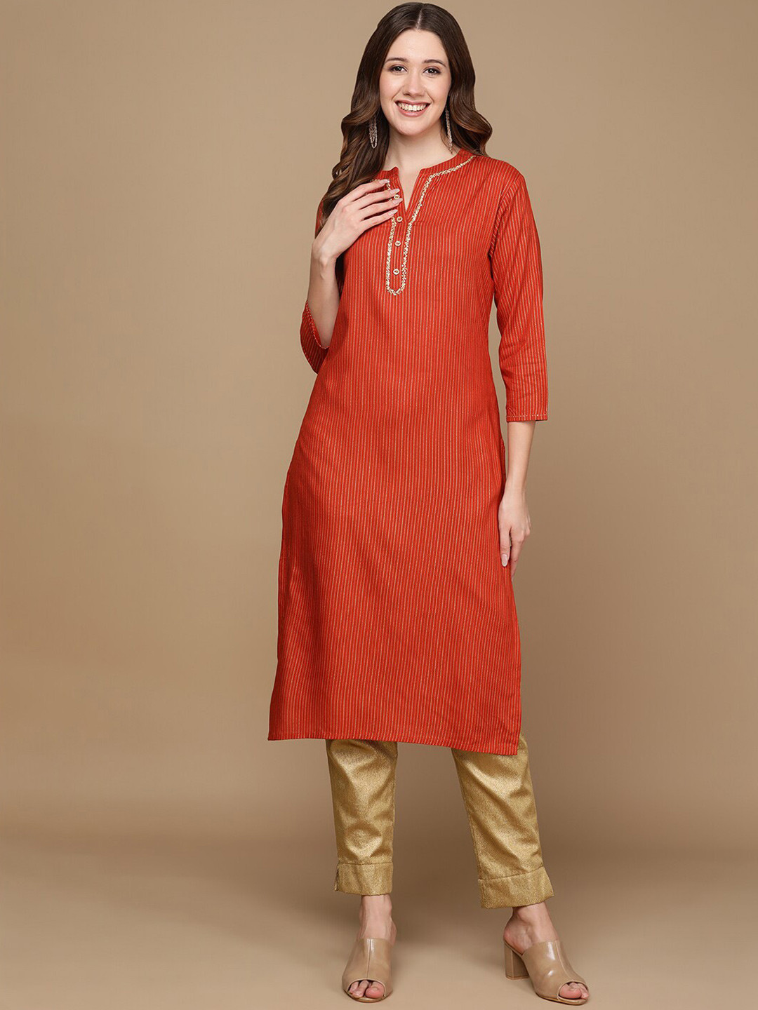 

HERE&NOW Orange & Gold-Toned Mandarin Collar Striped Sequined Straight Kurta