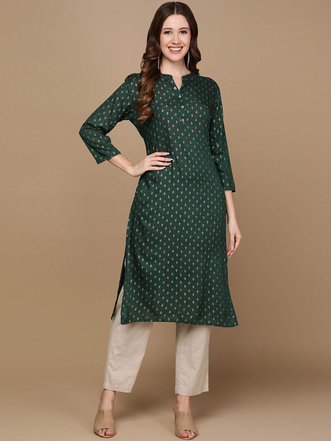 

HERE&NOW Green & Beige Mandarin Collar Ethnic Motifs Printed Sequined Straight Kurta