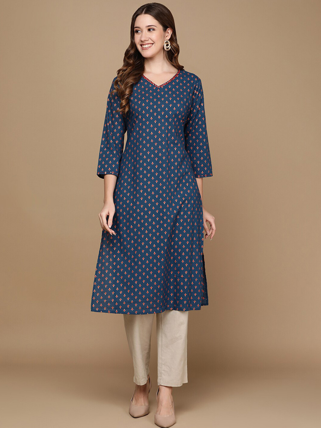 

HERE&NOW Navy Blue & Red V-Neck Ethnic Motifs Printed Sequined Straight Kurta