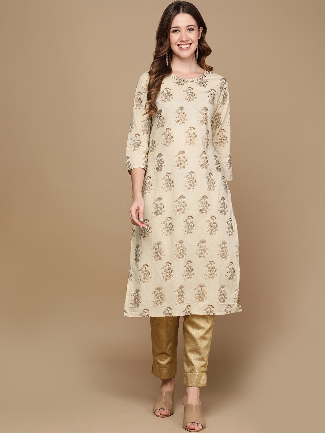 

HERE&NOW Beige & Brown Floral Printed Sequined Thread Work Cotton Kurta